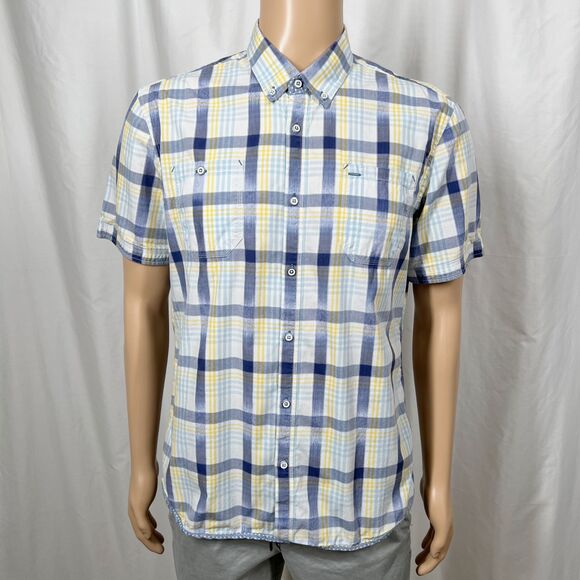 7 Diamonds Men's Large Blue Yellow Plaid Surf Rider Short Sleeve Button-Up Shirt - Picture 1 of 7